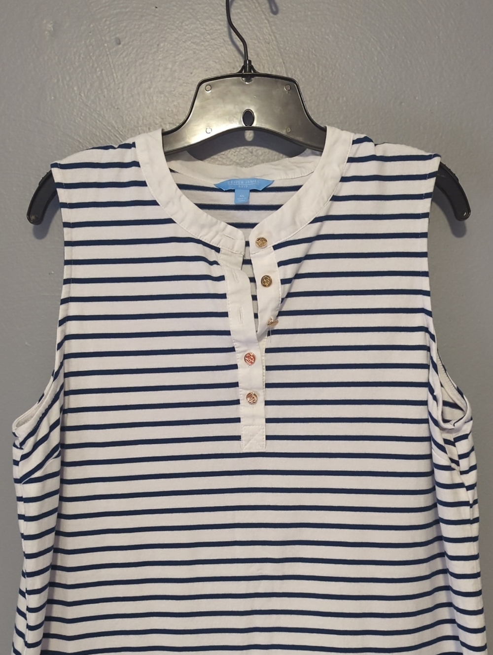 Draper James White & Navy Striped Sleeveless Casual Dress Gold Buttons XL - Picture 3 of 10